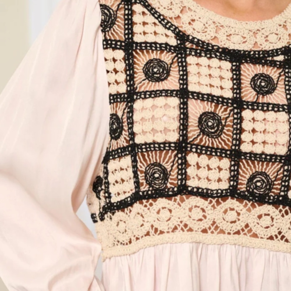 Women’s Crochet Yoke Blouse — Light Pink with Black Trim